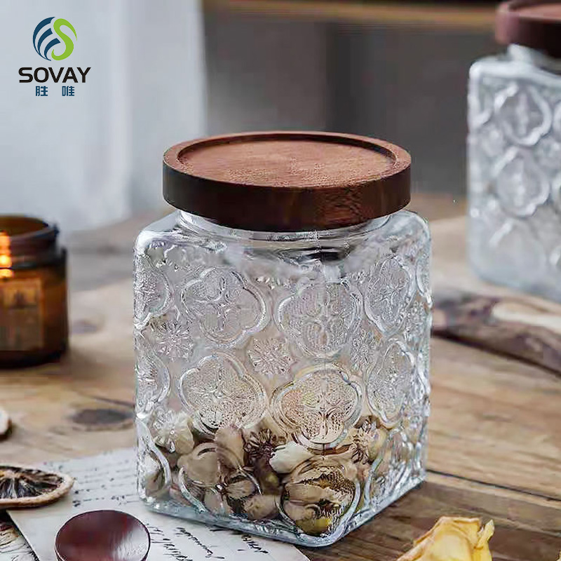 SG44N 500ml 750ml 1000ml Vintage Glass Canister Storage Jar with Seal Wooden Lid Retro Design for Household Dried Fruit Snacks Glass Storage Jars
