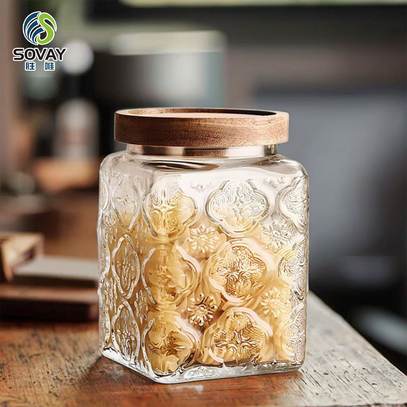 SG44N 500ml 750ml 1000ml Vintage Glass Canister Storage Jar with Seal Wooden Lid Retro Design for Household Dried Fruit Snacks Glass Storage Jars