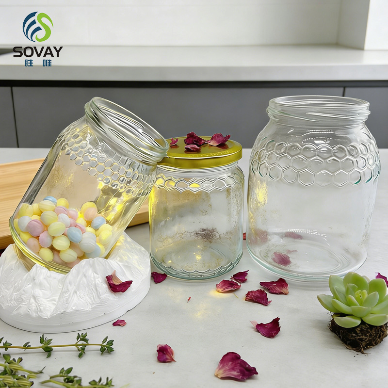 SG52 New Design 650ml 760ml Honeycomb Shape Glass Jar with Lug Cap for Honey Pickle Jam Sauce