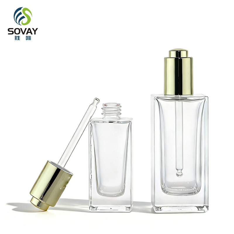 SE43-1 Luxury Guangzhou Factory Outlet Clear 5ml 10ml 15ml 20ml 30ml 50ml Transparent Flat Square Rectangle Emulsion Oil Dropper Glass Bottles