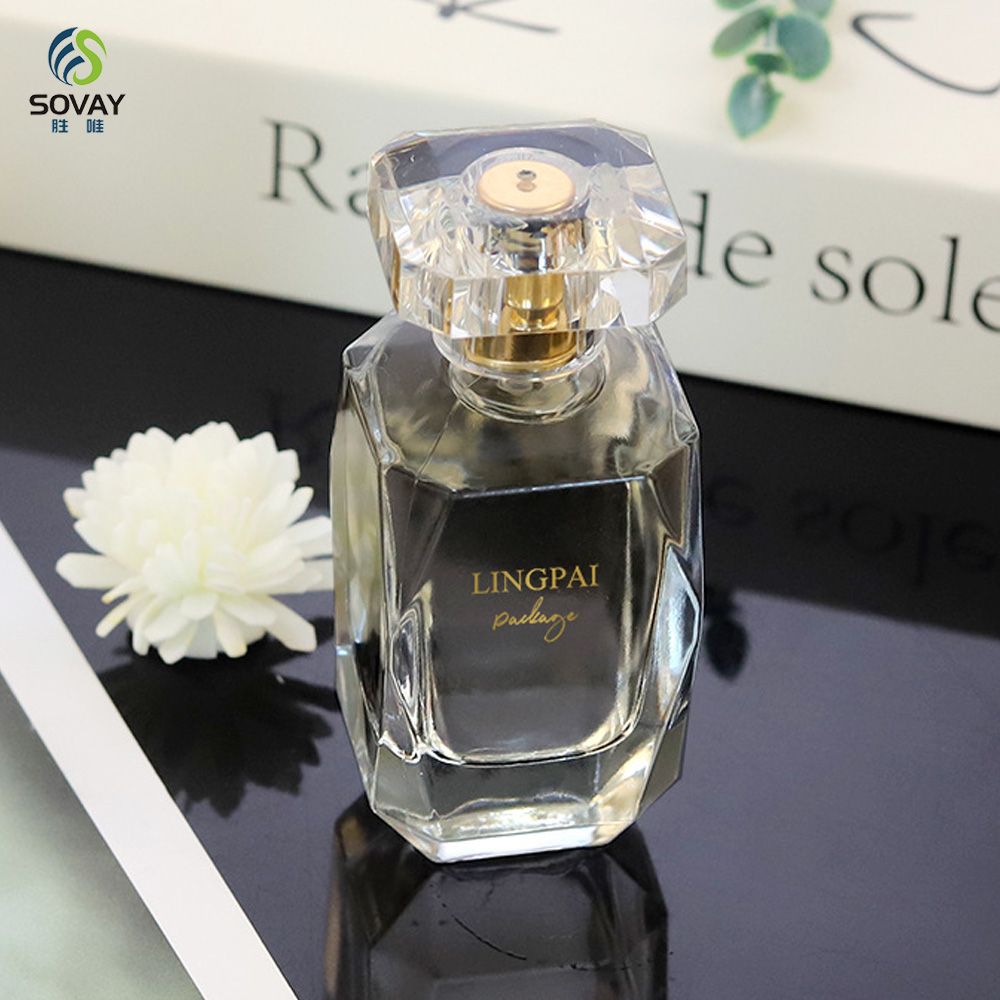 SP43 Luxury 100PCS Minimum Order Elegant 30ml/50ml/100ml Irregular Clear Glass Perfume Oil Bottle Pump Sprayer Cap Carton Box OEM/ODM