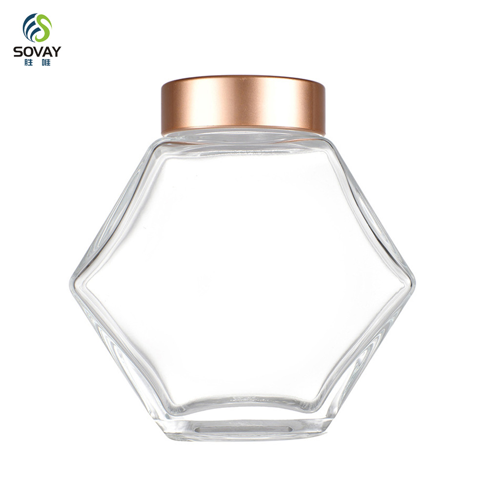 SG10N Wholesale Honey Jar Glass Hexagon Shape Honey Jar Glass with Wooden Dipper and Cork Lid Cover Honey Syrup Storage