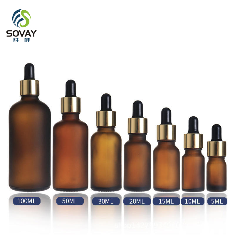 SE06 High Quality 5ml 10ml 15ml 20ml 30ml 50ml 100ml Frosted Amber Glass Dropper Bottle with Glod Lid for Essential Oil