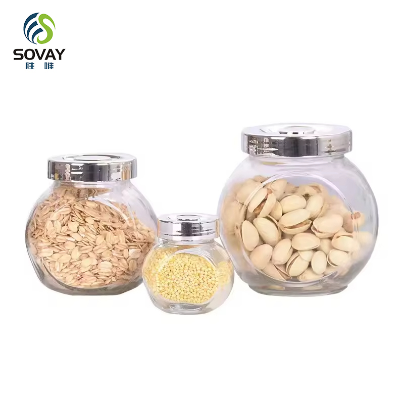 SG07 50ml 100ml 180ml 280ml 380ml 480ml 750ml Round Flat Drum Candy Food Jam Spice Herb Glass Jar with Plastic Lids