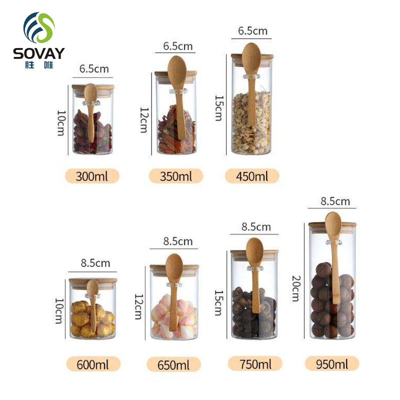 SG50N Wholesale 300ml 350ml 450ml 600ml 650ml 800ml 1000ml Sealed Glass Jar with Wooden Lid and Spoon for Seasoning Sauce Candies Household Containers Storage Jar