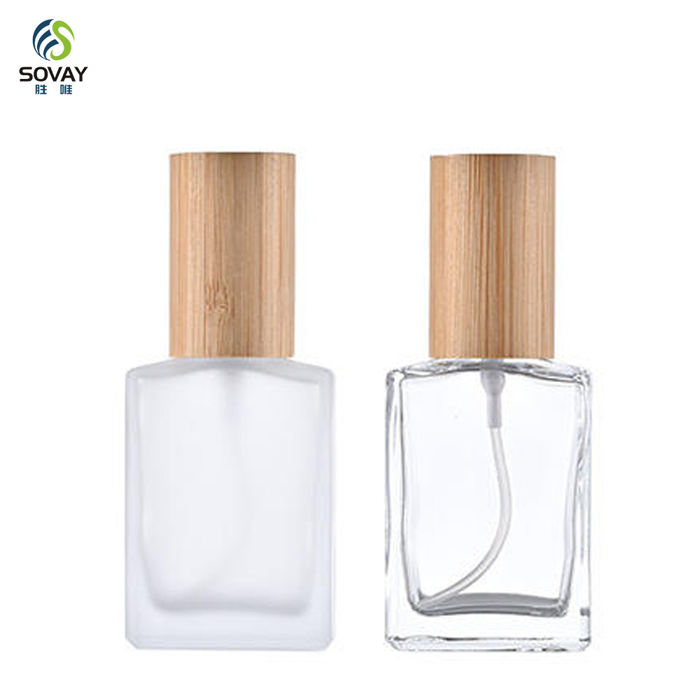 SP40 30ml 50ml 100ml Refillable Empty Square Clear Glass Perfume Atomizer Bottle Travel Perfume Spray Bottles with Wooden Cap
