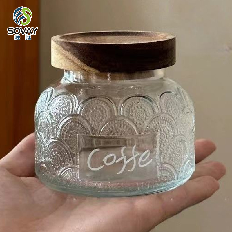 SG60N High Borosilicate Carved Glass Storage Jar Custom Kitchen Logo/Label Candy Tank Sealed Wooden Lid Jiangsu Food Grade