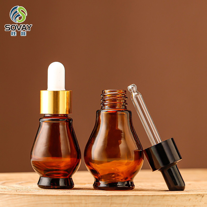 SE04 10ml 20ml 30ml 50ml 100ml Essential Oil Single Gourd Shape Dark Brown Glass Bottle with Gold Dropper