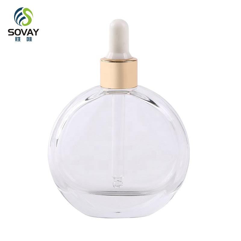 SE47 50ml 60ml Flat Round Oblate Clear Thick Bottom Glass Oil Serum Dropper Bottle for Essential Oil
