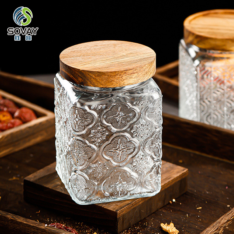 SG44N 500ml 750ml 1000ml Vintage Glass Canister Storage Jar with Seal Wooden Lid Retro Design for Household Dried Fruit Snacks Glass Storage Jars