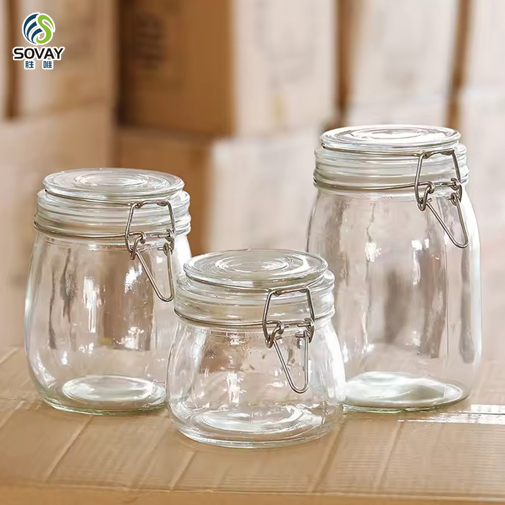 SG06 Jam Jar Airtight Glass with Stainless Steel Clip 125ml 280ml 380ml 500ml 750ml 1000ml 1500ml 2000ml 3000ml Storage Bottles & Jars Cover