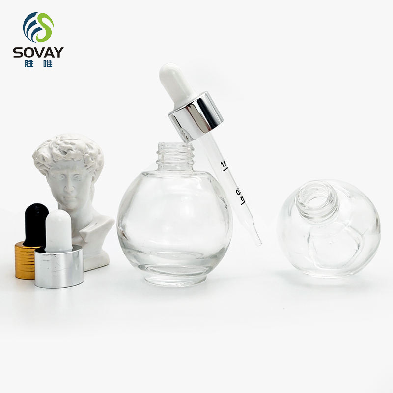 SE48N Luxury 10ml 20ml 30ml 50ml Clear Round Essential Oil Glass Dropper Bottle Serum Bottle with Gold Silver Collar Dropper Cap