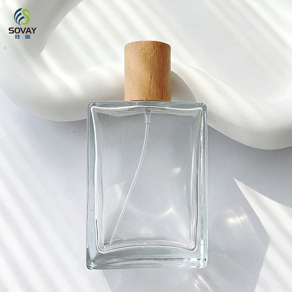 SP40 30ml 50ml 100ml Refillable Empty Square Clear Glass Perfume Atomizer Bottle Travel Perfume Spray Bottles with Wooden Cap