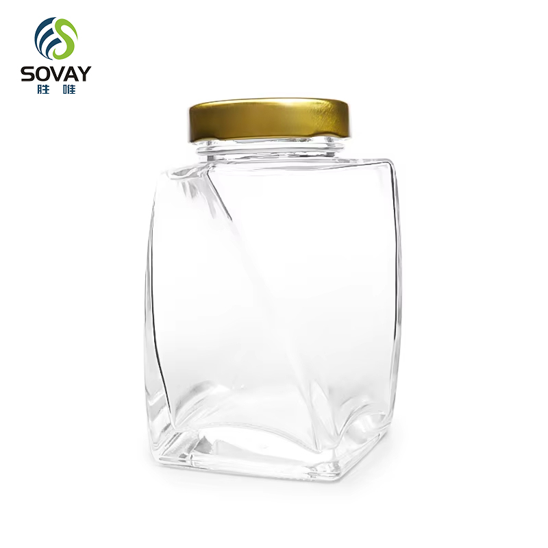 SG02 Unique Twisted Shape Transparent Glass Honey Jar with Metal Lid