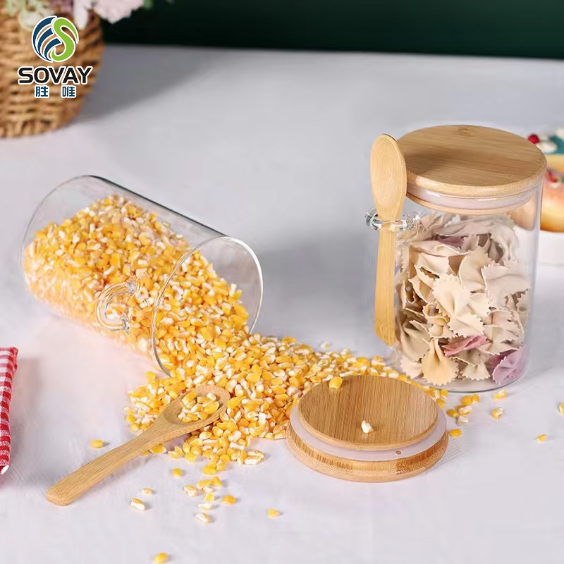 SG50N Wholesale 300ml 350ml 450ml 600ml 650ml 800ml 1000ml Sealed Glass Jar with Wooden Lid and Spoon for Seasoning Sauce Candies Household Containers Storage Jar