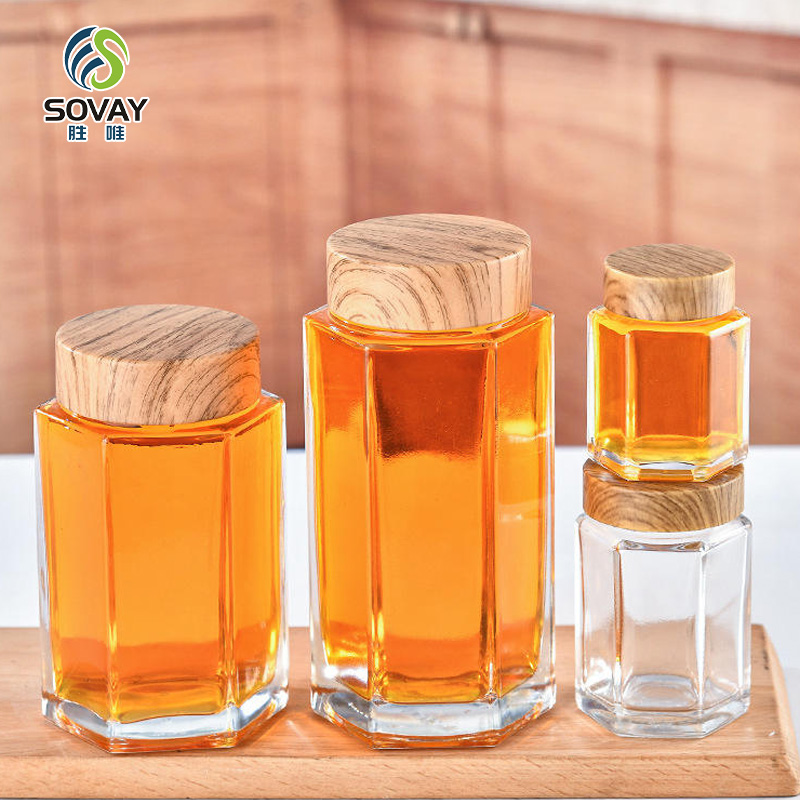 SG09 Ru Star Factory Direct Sales 50ml 180ml 280ml 360ml Empty Transparent Hexagonal Glass Jam Honey Jars with Wooden Lid