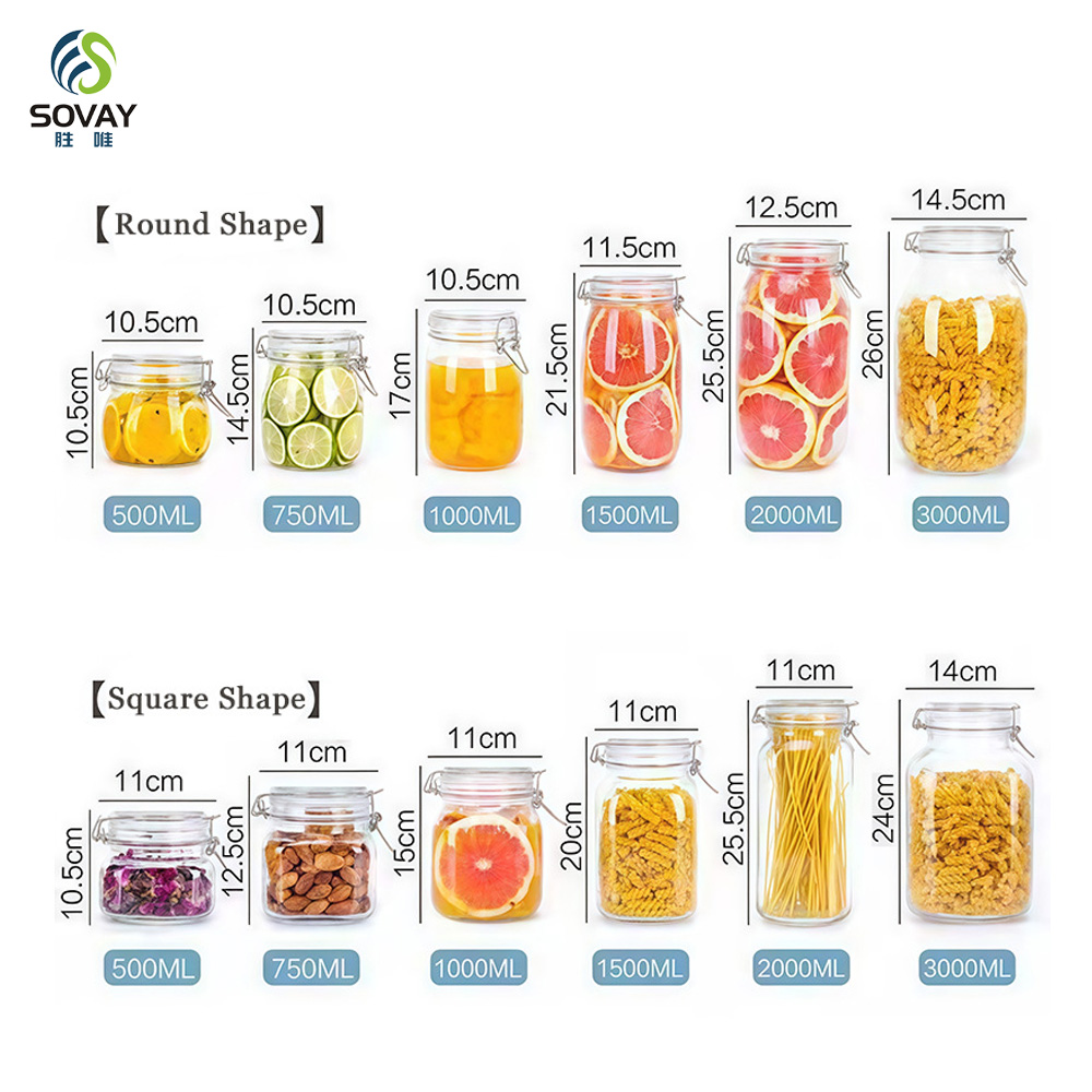 SG06 Jam Jar Airtight Glass with Stainless Steel Clip 125ml 280ml 380ml 500ml 750ml 1000ml 1500ml 2000ml 3000ml Storage Bottles & Jars Cover