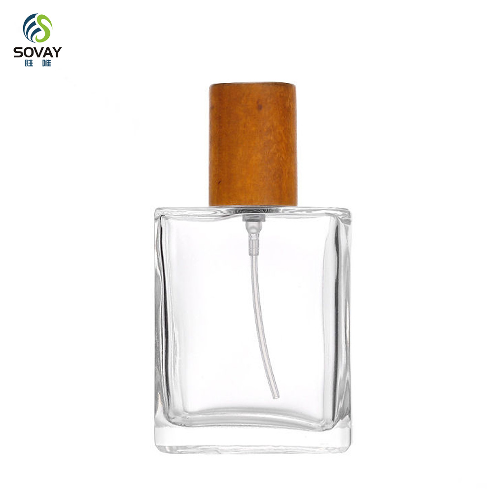 SP40 30ml 50ml 100ml Refillable Empty Square Clear Glass Perfume Atomizer Bottle Travel Perfume Spray Bottles with Wooden Cap