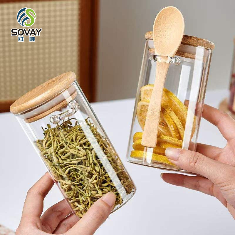 SG50N Wholesale 300ml 350ml 450ml 600ml 650ml 800ml 1000ml Sealed Glass Jar with Wooden Lid and Spoon for Seasoning Sauce Candies Household Containers Storage Jar