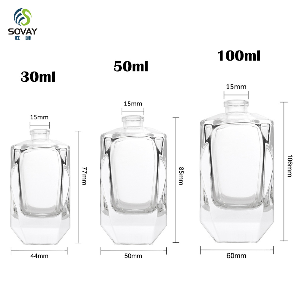 SP43 Luxury 100PCS Minimum Order Elegant 30ml/50ml/100ml Irregular Clear Glass Perfume Oil Bottle Pump Sprayer Cap Carton Box OEM/ODM