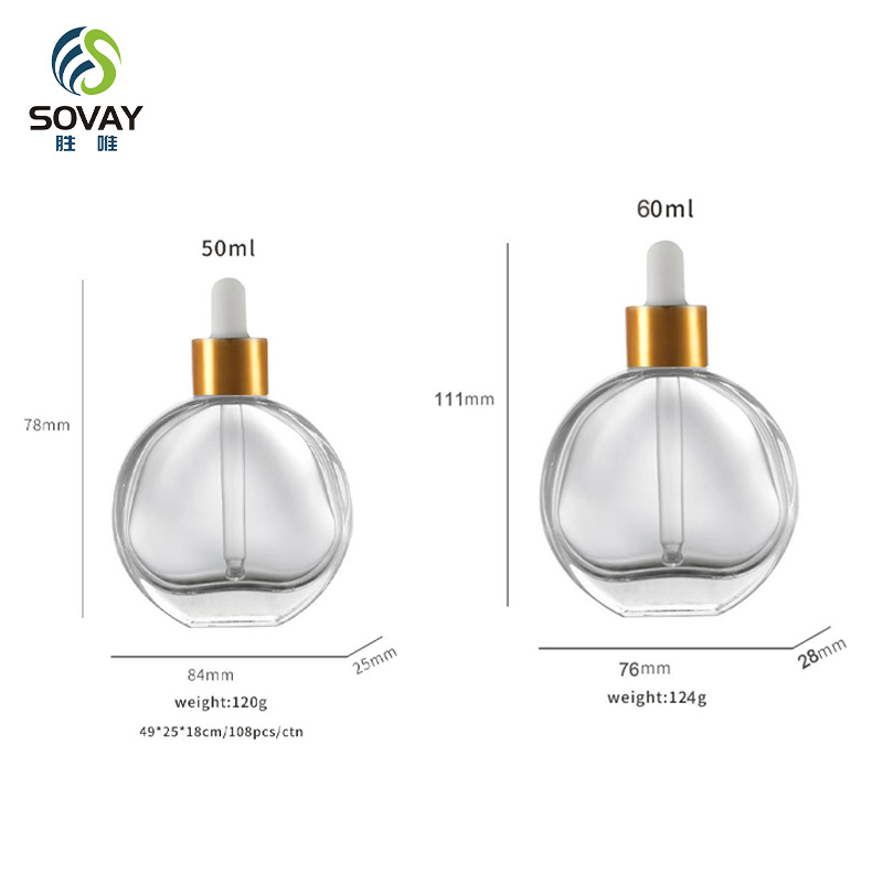 SE47 50ml 60ml Flat Round Oblate Clear Thick Bottom Glass Oil Serum Dropper Bottle for Essential Oil