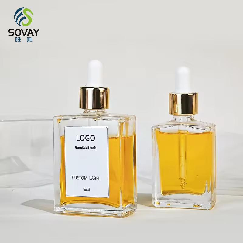 SE34N 30ml 50ml 100ml Square Glass Serum Dropper Bottles for Essential Oil with Gold Sliver Bamboo Cap