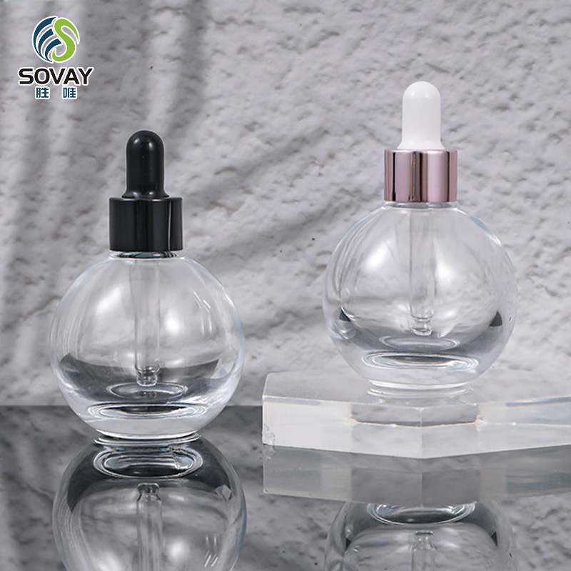 SE48N Luxury 10ml 20ml 30ml 50ml Clear Round Essential Oil Glass Dropper Bottle Serum Bottle with Gold Silver Collar Dropper Cap