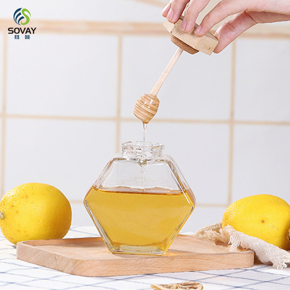 SG10N Wholesale Honey Jar Glass Hexagon Shape Honey Jar Glass with Wooden Dipper and Cork Lid Cover Honey Syrup Storage