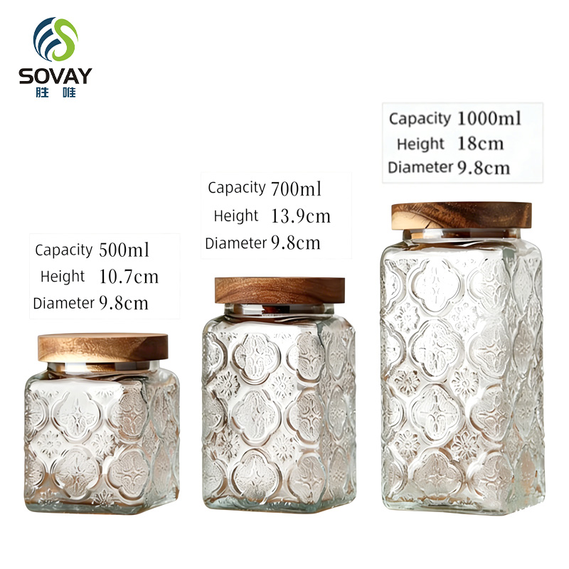 SG44N 500ml 750ml 1000ml Vintage Glass Canister Storage Jar with Seal Wooden Lid Retro Design for Household Dried Fruit Snacks Glass Storage Jars