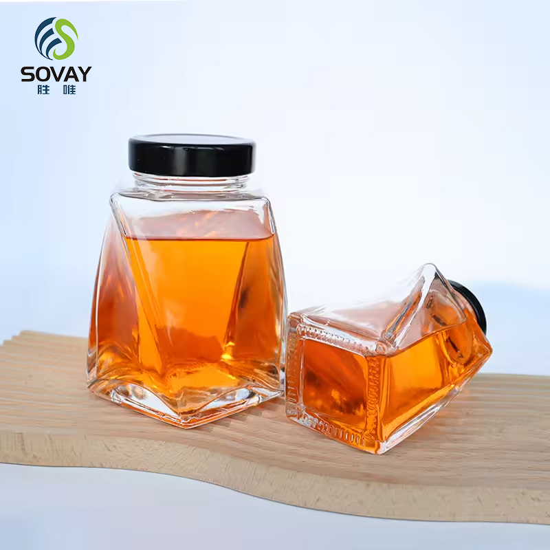 SG02 Unique Twisted Shape Transparent Glass Honey Jar with Metal Lid