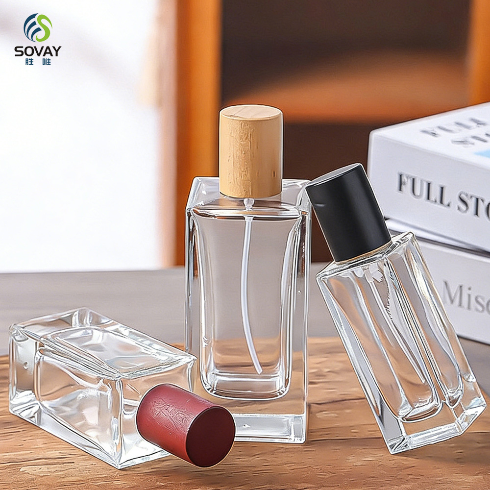 SP41 High Quality Wood Cover Emtpy Glass Perfume Bottle Wholesale 30ml 50ml 100ml Clear Glass Perfume Spray Bottle Wood Lid
