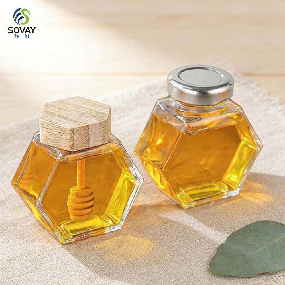 SG10N Wholesale Honey Jar Glass Hexagon Shape Honey Jar Glass with Wooden Dipper and Cork Lid Cover Honey Syrup Storage