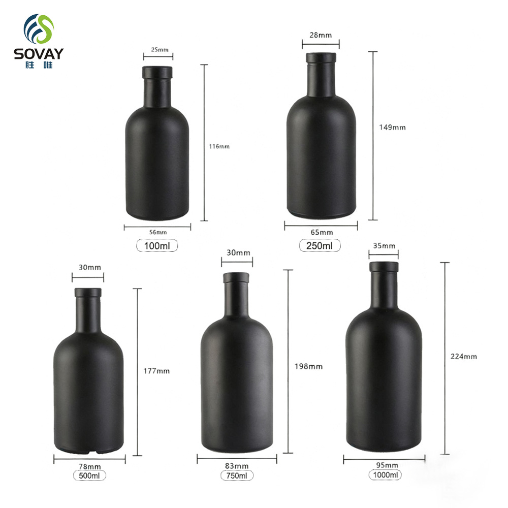 SW139N Hot Sale 100ml 250ml 375ml 500ml 750ml 1000ml Empty Matt Black Glass Liquor Vodlka Olive Oil Bottle with Cork Stopper Screen Printed