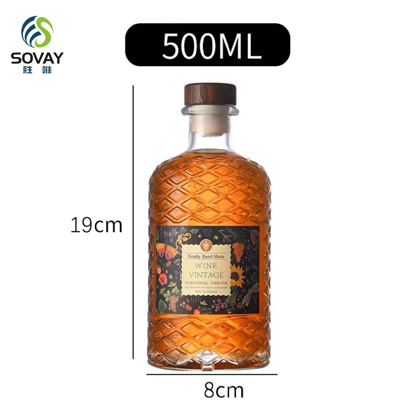 SW131N Custom Label 16oz Glass Liquor Bottle 500ml Wine Whiskey Tequila Wooden Cork-Durable Glass