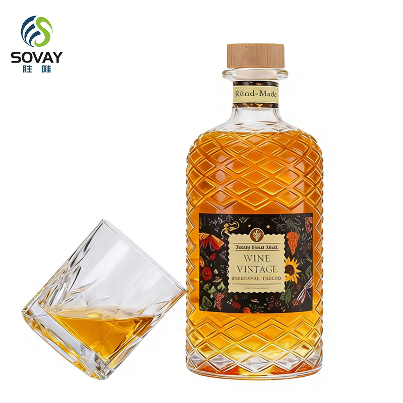 SW131N Custom Label 16oz Glass Liquor Bottle 500ml Wine Whiskey Tequila Wooden Cork-Durable Glass