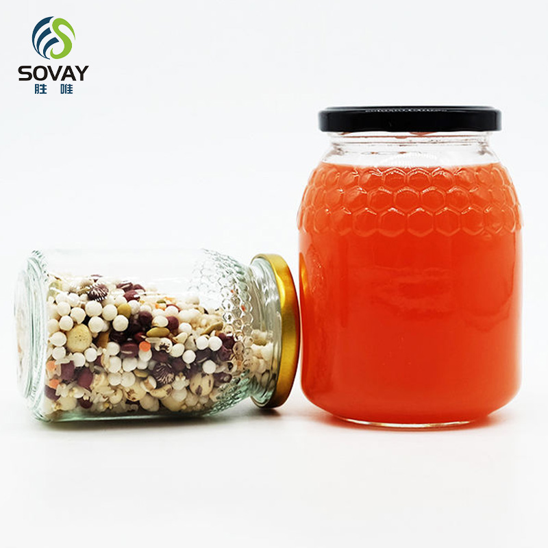 SG52 New Design 650ml 760ml Honeycomb Shape Glass Jar with Lug Cap for Honey Pickle Jam Sauce