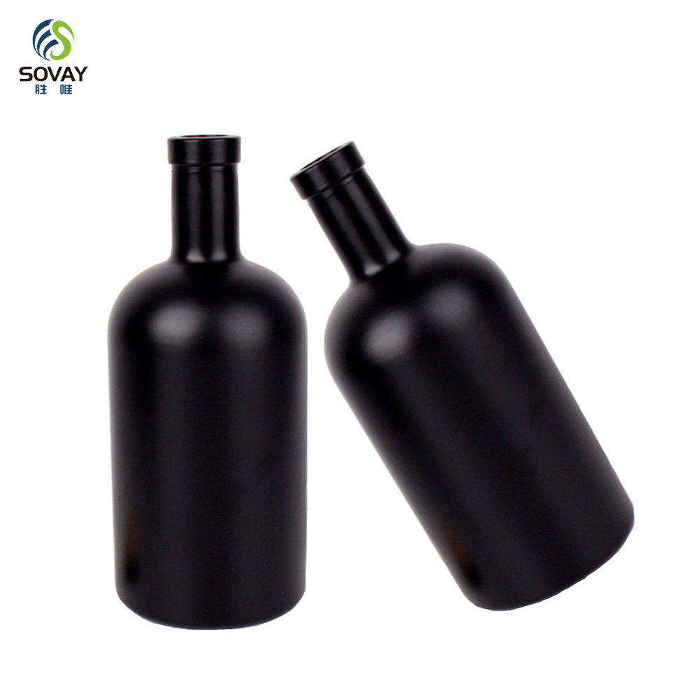 SW139N Hot Sale 100ml 250ml 375ml 500ml 750ml 1000ml Empty Matt Black Glass Liquor Vodlka Olive Oil Bottle with Cork Stopper Screen Printed