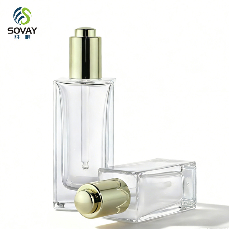 SE43-1 Luxury Guangzhou Factory Outlet Clear 5ml 10ml 15ml 20ml 30ml 50ml Transparent Flat Square Rectangle Emulsion Oil Dropper Glass Bottles