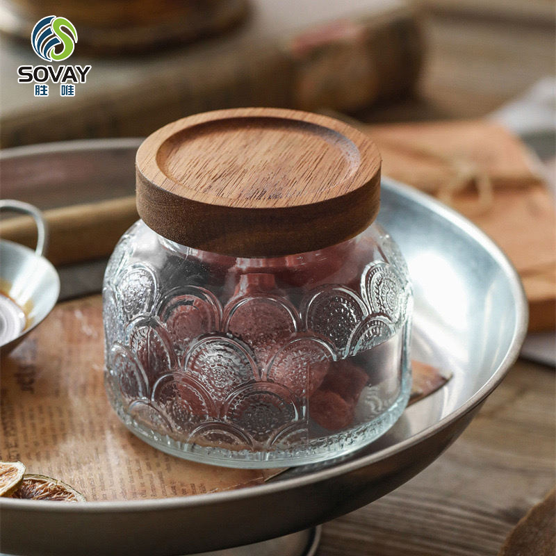 SG60N High Borosilicate Carved Glass Storage Jar Custom Kitchen Logo/Label Candy Tank Sealed Wooden Lid Jiangsu Food Grade