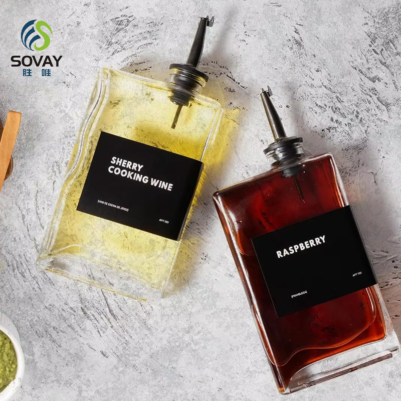 SO09N Clear Square Glass Syrup Dispenser Bottles 350ml 500ml Easy Pour Spout Plastic Cap Free Empty for Olive Oil Syrup