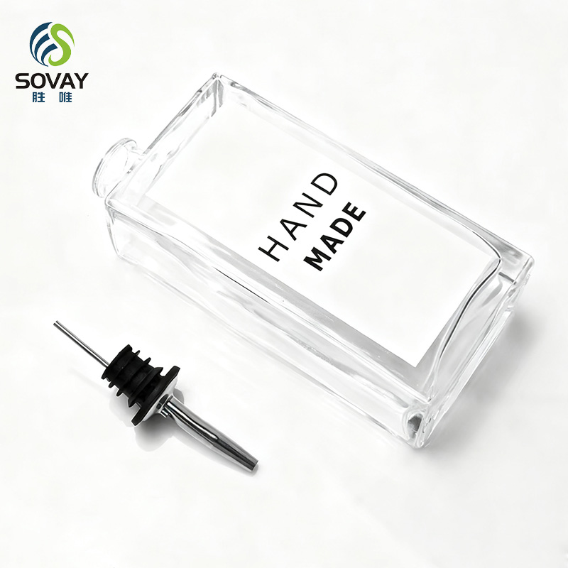 SO09N Clear Square Glass Syrup Dispenser Bottles 350ml 500ml Easy Pour Spout Plastic Cap Free Empty for Olive Oil Syrup