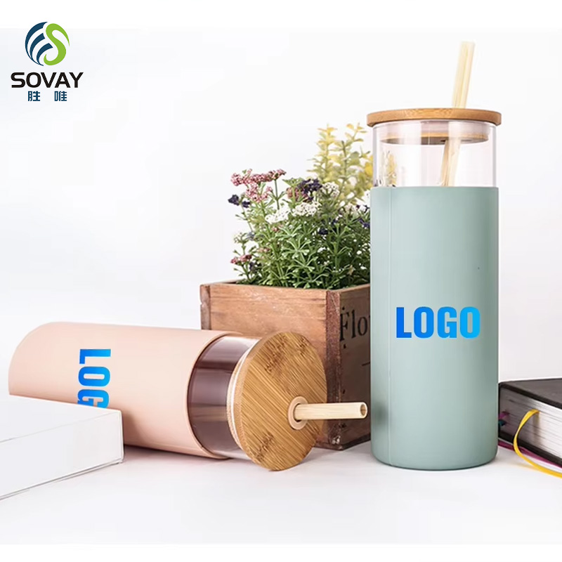 SS03N Top Selling 480ml 500ml BPA Free Straw Cup Silicone Protective Sleeve Glass Cup Glass Tumbler with Bamboo Lid Reusable Straws