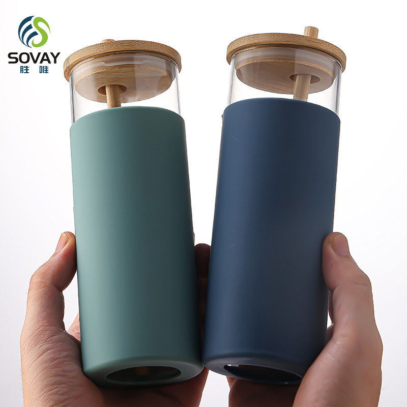 SS03N Top Selling 480ml 500ml BPA Free Straw Cup Silicone Protective Sleeve Glass Cup Glass Tumbler with Bamboo Lid Reusable Straws