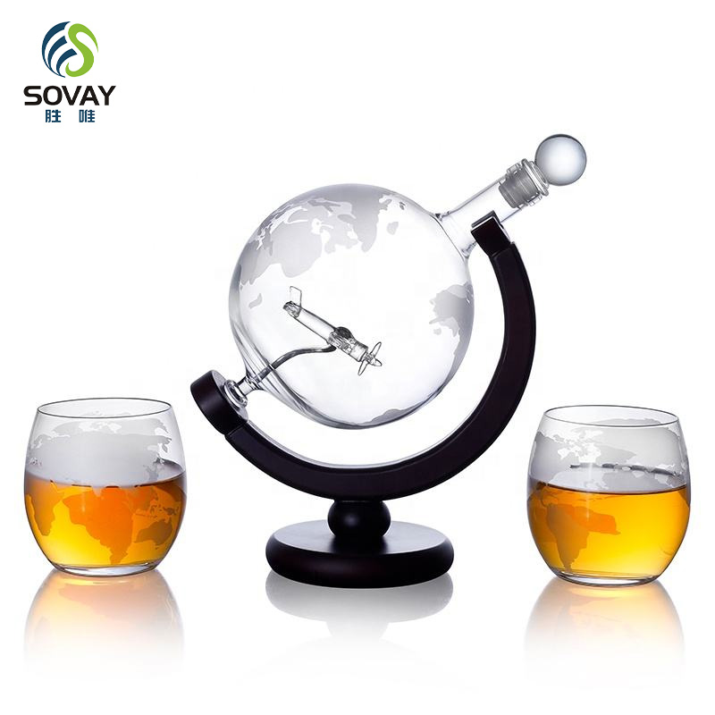 SA02N 930ml Whiskey Decanter Spherical Set with 2 Carved Whiskey Glasses, Suitable for Whiskey, Rum, Tequila, Vodka Gifts