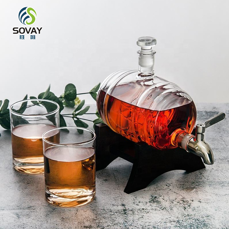 SA17N Factory Directly Sells 850ml 1000ml Cheap Unique Antique Hand Made Blown Barrel Shaped Glass Wine Decanter with Wooden Stand