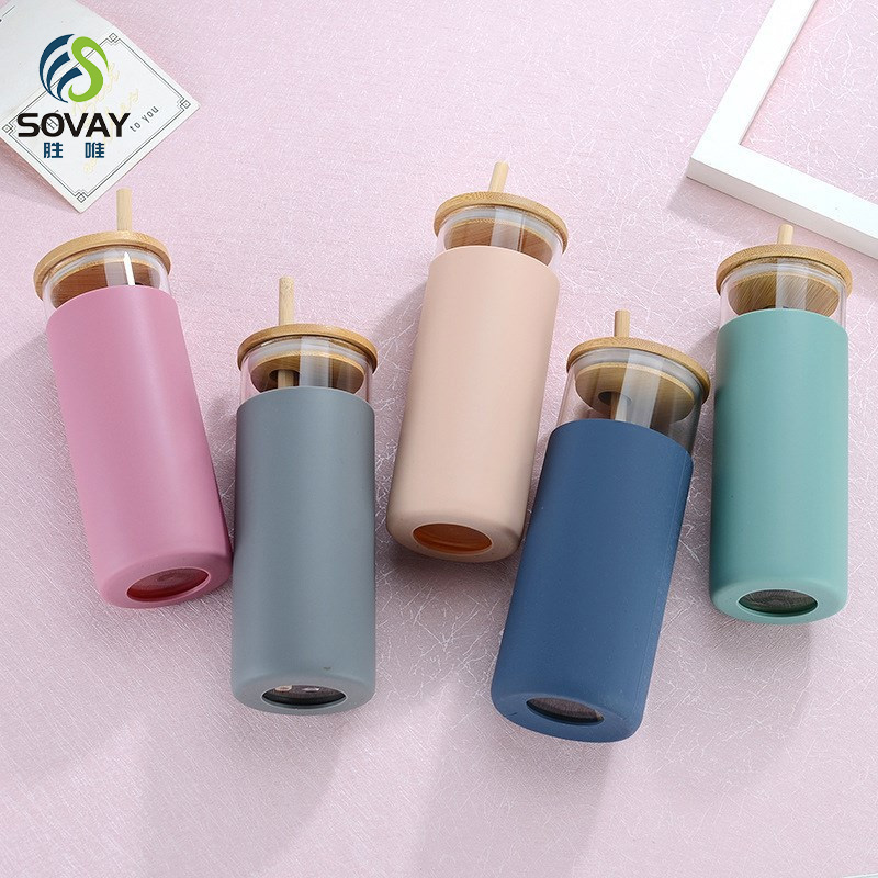 SS03N Top Selling 480ml 500ml BPA Free Straw Cup Silicone Protective Sleeve Glass Cup Glass Tumbler with Bamboo Lid Reusable Straws
