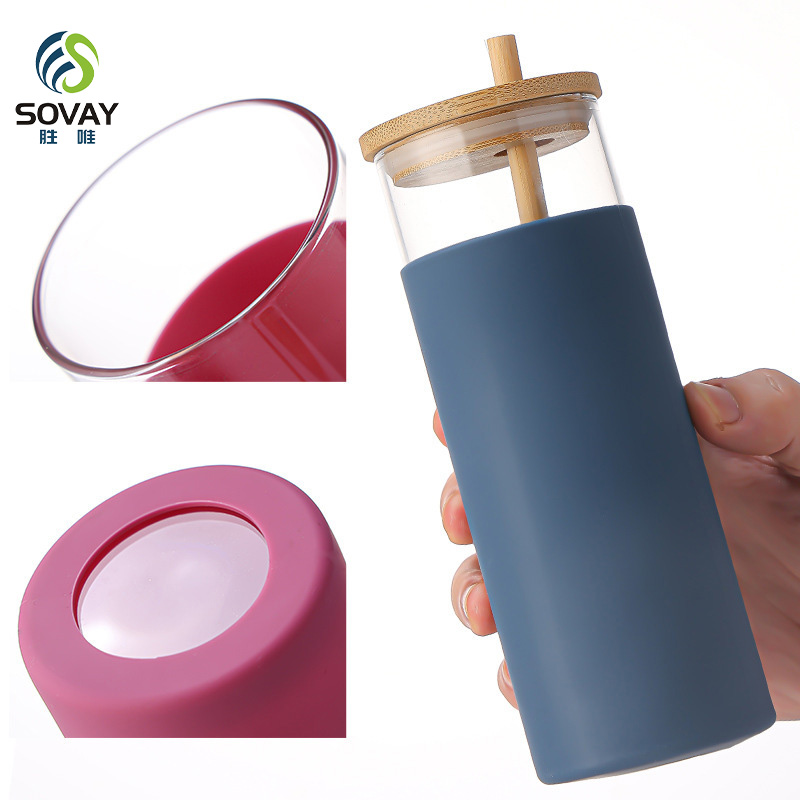 SS03N Top Selling 480ml 500ml BPA Free Straw Cup Silicone Protective Sleeve Glass Cup Glass Tumbler with Bamboo Lid Reusable Straws