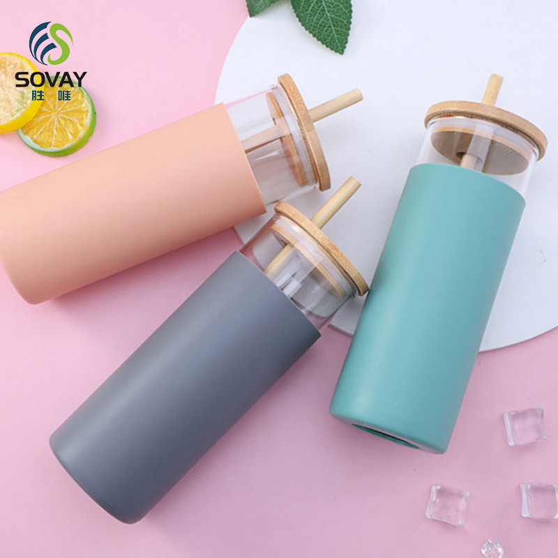 SS03N Top Selling 480ml 500ml BPA Free Straw Cup Silicone Protective Sleeve Glass Cup Glass Tumbler with Bamboo Lid Reusable Straws